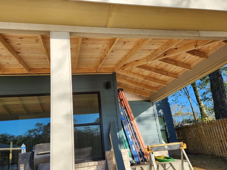 Porch with a tongue-and-groove wood ceiling